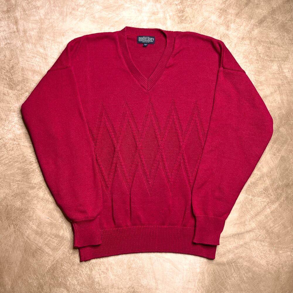Vintage 90s Lands' End Direct Merchants Red Argyle Diamond Knit Sweater Retro